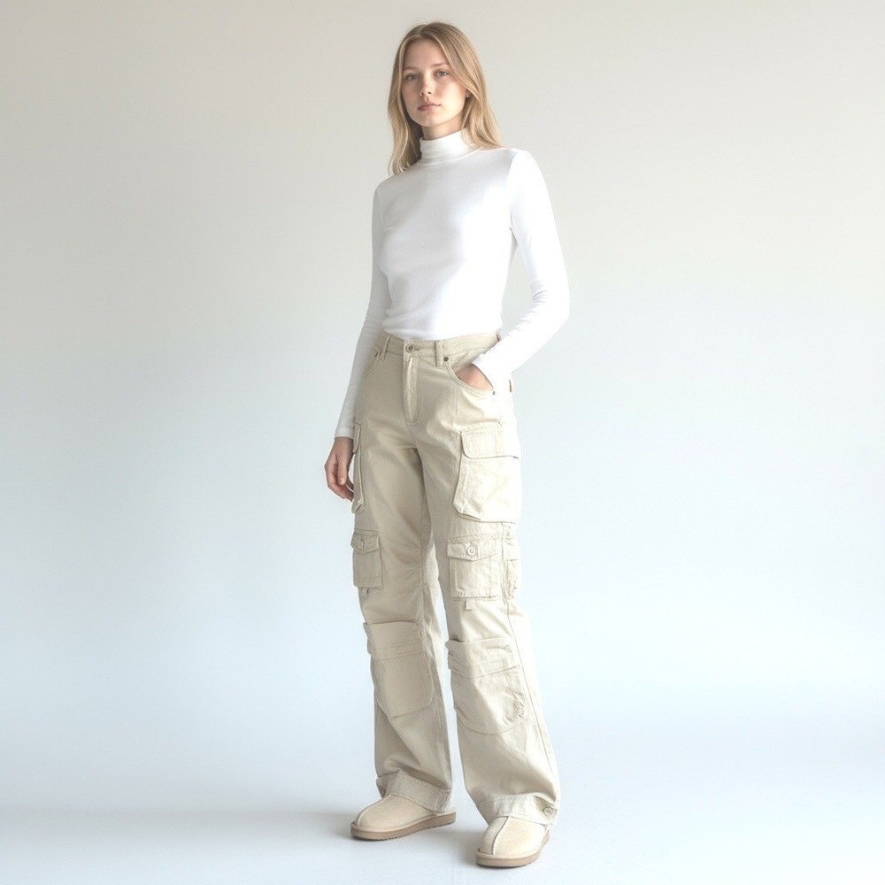 NWT Woven Oversized Winter‎ Ivory Weekender Cargo Pant Cotton Women's M 28-30 - Picture 2 of 10